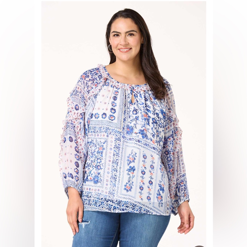CATO Coastal Cowgirl Pitch Navy Floral Tile Poet Print Women's Top Size XL
